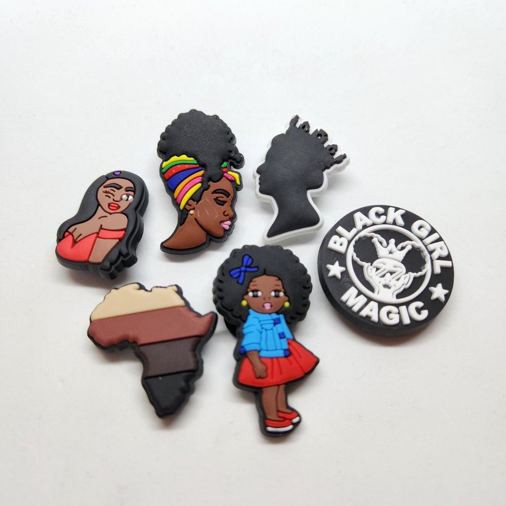Shoe Charms Black Girl Magic Africa Shape Queen Silhouette Wink Lady 6pc Set #18